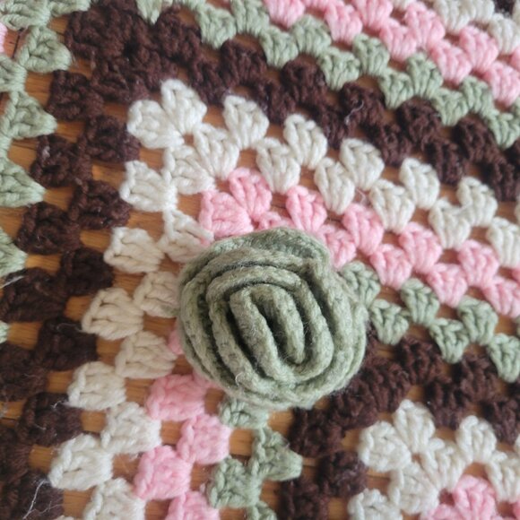 Handmade Crocheted Granny Square Blanket With Floral Rosette Accents Pink Brown - Picture 3 of 4